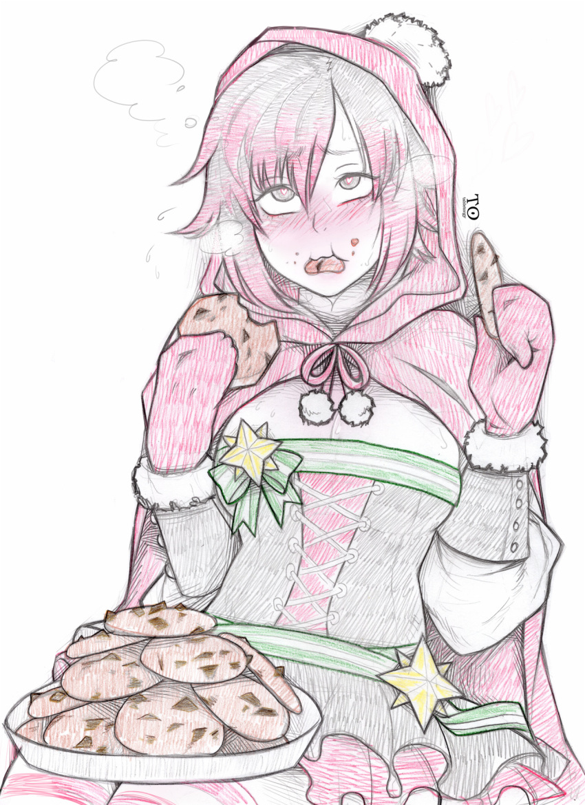 1girl ? artist_name blush christmas cloak commentary cookie eating english_commentary eyebrows_visible_through_hair food grey_eyes heart heart-shaped_pupils highres holding holding_cookie holding_food hood hood_up looking_at_viewer mittens rolling_eyes ruby_rose rwby short_hair simple_background sketch solo symbol-shaped_pupils tabletorgy watermark white_background