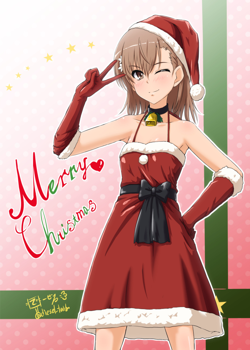 1girl brown_eyes brown_hair character_name cowboy_shot diesel-turbo dress elbow_gloves fur-trimmed_dress fur-trimmed_gloves fur-trimmed_headwear fur_trim gloves hat highres merry_christmas misaka_mikoto red_dress red_gloves red_headwear santa_hat short_hair solo standing toaru_kagaku_no_railgun toaru_majutsu_no_index twitter_username v