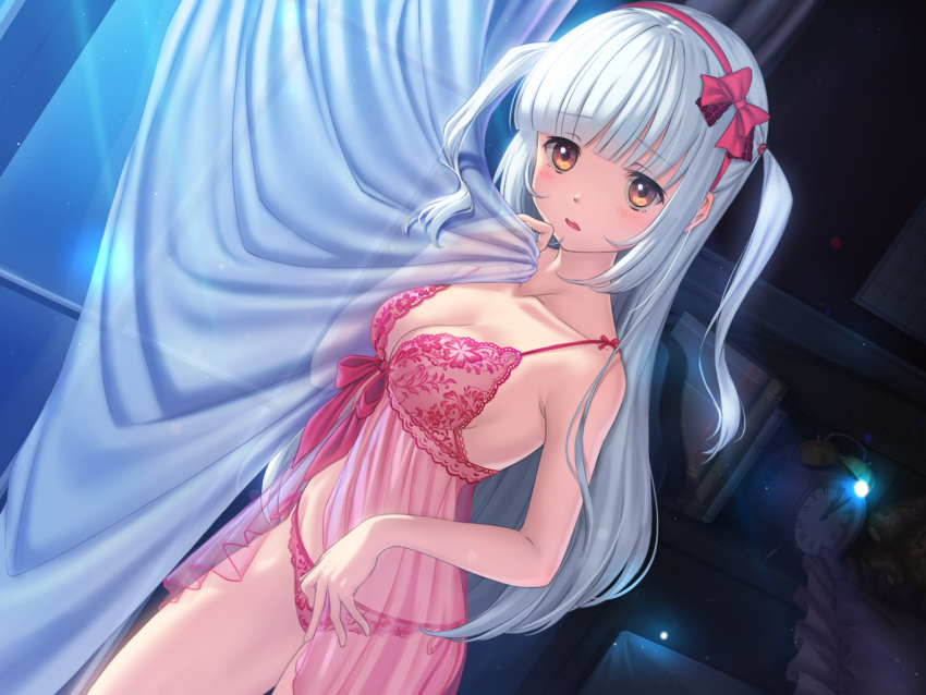 1girl alarm_clock babydoll bangs bare_arms bare_shoulders blush bow breasts brown_eyes cleavage clock collarbone commentary_request curtain_grab curtains eyebrows_visible_through_hair frills hair_bow hairband hand_up indoors kamome_yuu long_hair looking_at_viewer medium_breasts night original panties parted_lips pink_panties red_bow red_hairband silver_hair solo standing transparent two_side_up underwear underwear_only very_long_hair window
