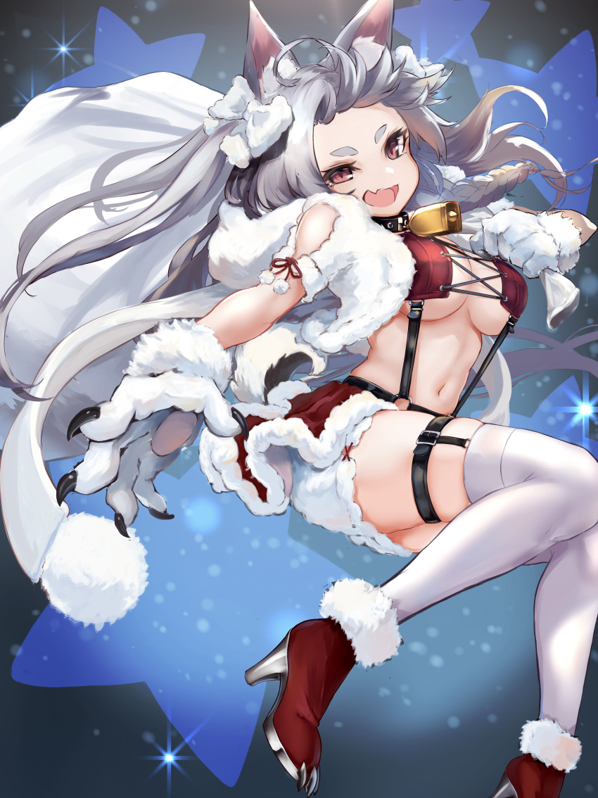 1girl absurdres animal_ear_fluff animal_ears animal_hands azur_lane bell boots bow braid breasts capelet christmas cleavage commentary dog_ears dog_tail fang forehead fur-trimmed_footwear gloves grey_hair hair_bow high_heel_boots high_heels highres holding holding_sack large_breasts long_hair looking_at_viewer navel neck_bell open_mouth paw_gloves red_eyes red_footwear red_skirt sack scarf single_braid skin_fang skirt smile sock_garters solo stomach suspender_skirt suspenders tail thick_eyebrows thigh_strap thighhighs two_side_up white_bow white_legwear white_scarf ymmt159208 yuudachi_(azur_lane) yuudachi_(woofy_floofy_christmas_night)_(azur_lane)