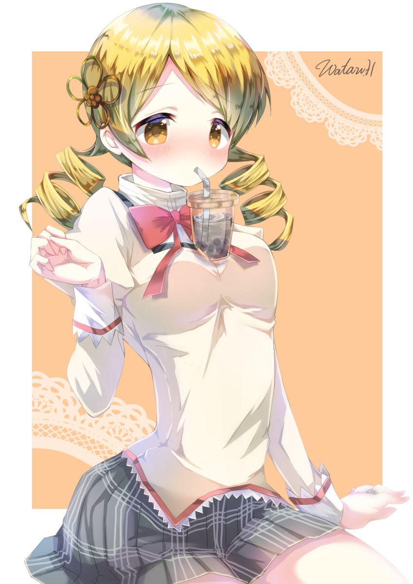 1girl artist_name bangs blonde_hair blouse blush bow bubble_tea_challenge closed_mouth commentary_request cup disposable_cup doily drill_hair drinking drinking_straw grey_sky hair_ornament highres hoshikage_wataru long_sleeves looking_at_viewer mahou_shoujo_madoka_magica medium_hair miniskirt mitakihara_school_uniform no_legwear orange_background partial_commentary plaid plaid_skirt pleated_skirt red_bow school_uniform signature skirt solo swept_bangs tomoe_mami twin_drills twintails white_blouse yellow_eyes