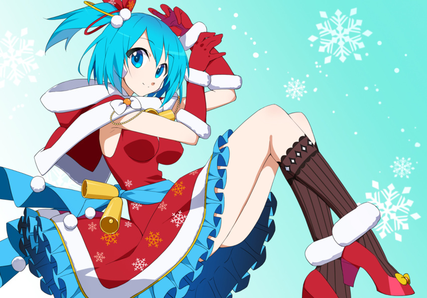 1girl android bangs blue_eyes blue_hair breasts christmas dress eyebrows_visible_through_hair headphones kaidou_zx large_breasts looking_at_viewer mega_man_(series) mega_man_x_(series) mega_man_x_dive official_alternate_costume red_dress rico_(mega_man) santa_dress side_ponytail smile solo