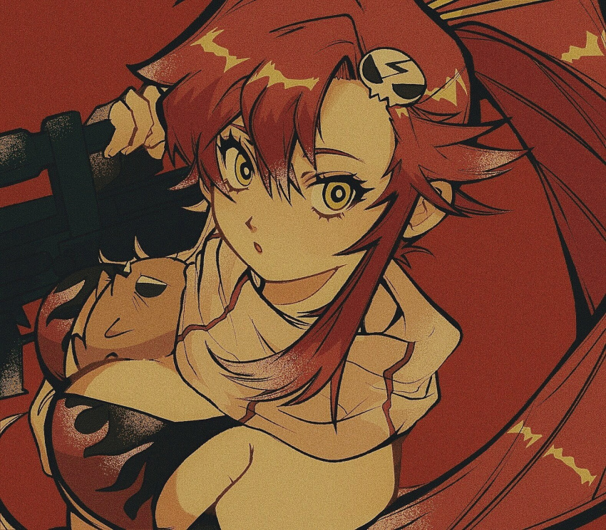 1girl :o bangs between_breasts bikini bikini_top black_gloves boota_(ttgl) breasts bright_pupils commentary elbow_gloves fingerless_gloves flame_print gloves gun hair_between_eyes hair_ornament hair_stick highres holding holding_gun holding_weapon long_hair looking_at_viewer medium_breasts over_shoulder paper_texture parted_bangs pikurusu ponytail red_background red_hair scarf shiny shiny_hair sidelocks skull_hair_ornament solo striped striped_scarf swimsuit symbol-only_commentary tengen_toppa_gurren_lagann upper_body weapon weapon_over_shoulder yellow_eyes yoko_littner