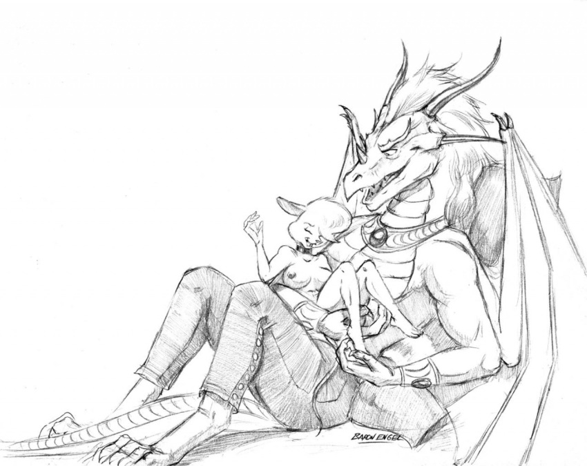 anthro baron_engel bottomwear breasts clothing collar cradling dragon duo female graphite_(artwork) jewelry laugh male male/female mammal mouse murid murine necklace pants pencil_(artwork) petina_demouse rodent simple_background sitting strategically_covered tickling traditional_media_(artwork) white_background