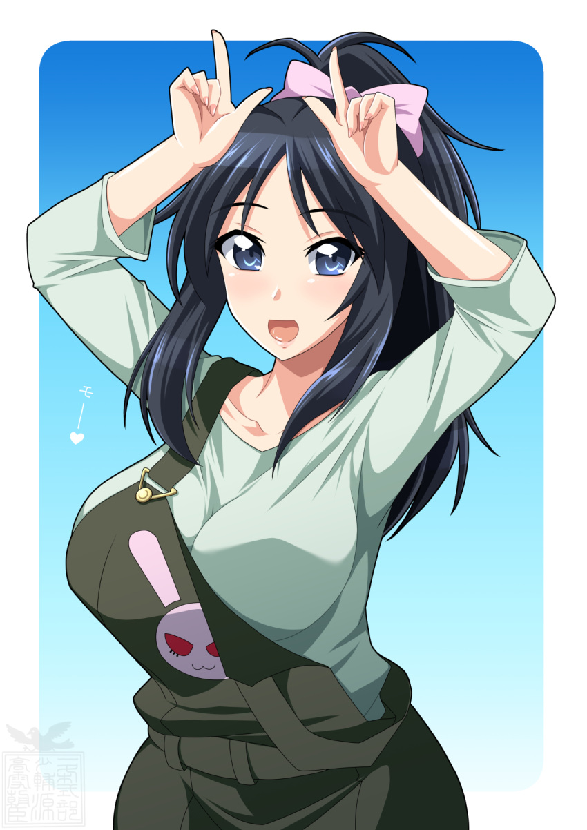 1girl :d alternate_hairstyle arms_up artist_logo bangs black_eyes black_hair black_overalls blue_eyes bow bunny casual commentary emblem eyebrows_visible_through_hair freckles girls_und_panzer green_shirt hair_bow hair_up highres horns_pose ichijou_takakiyo long_hair long_sleeves looking_at_viewer official_alternate_costume open_mouth overalls ponytail purple_bow shirt smile solo strap_pull translated upper_body yamagou_ayumi