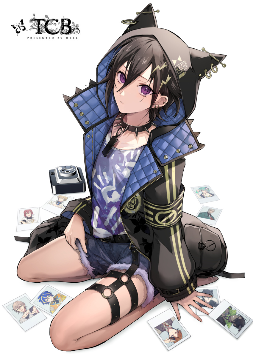 1boy animal_ears armband black_armband black_collar black_hair black_jacket camera cat_ears collar collarbone denim denim_shorts ear_piercing earrings floral_print hair_between_eyes hair_ornament hand_print highres holostars hood hood_up jacket jewelry kanade_izuru lightning_bolt_hair_ornament lightning_bolt_symbol male_focus o-ring open_clothes open_jacket padded_jacket parted_lips photo_(object) piercing pouch purple_eyes shorts signature skindentation sleeves_past_wrists solo spiked_collar spikes tcb virtual_youtuber zipper