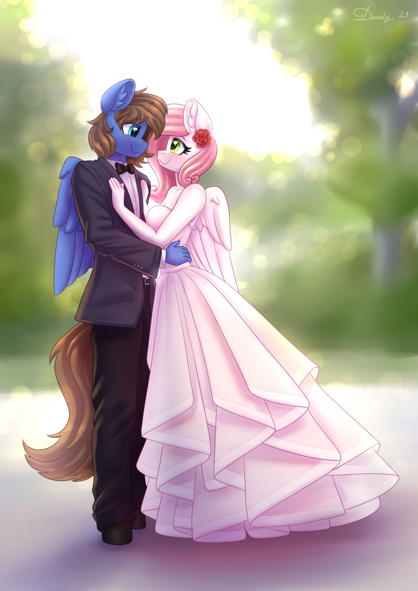 absurd_res anthro bow_tie breasts clothing dandy_(artist) dress duo equid equine eye_contact eyebrows eyelashes fan_character feathered_wings feathers female hair hasbro hi_res inner_ear_fluff looking_at_another male male/female mammal my_little_pony outside pegasus romantic romantic_couple smile suit tuft wedding wedding_dress wings