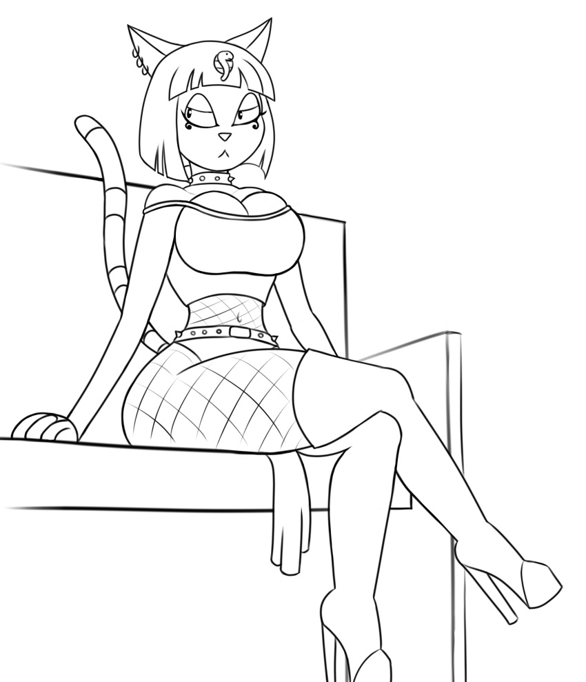 absurd_res animal_crossing ankha_(animal_crossing) anthro choker clothed clothing collar crossed_legs female fishnet goth goth_ankha groodger hi_res high_heels jewelry makeup navel necklace nintendo sitting sketch solo spiked_collar spikes video_games