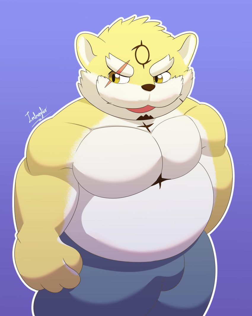 absurd_res anthro belly biceps canid canine canis domestic_dog eyebrows facial_hair fur hi_res imbroglio_24 lifewonders live-a-hero male mammal musclegut muscular_arms mustache pecs procy scar shirtless short_stack solo thick_eyebrows video_games yellow_body yellow_eyes yellow_fur