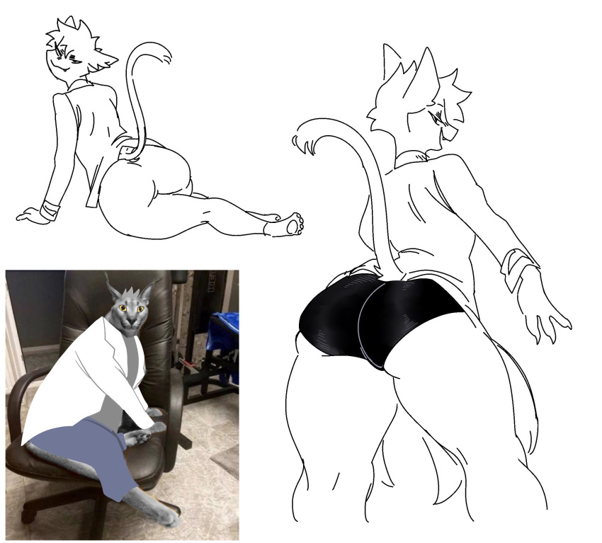 anonymous_artist anthro big_floppa butt butt_focus caracal caracal_(genus) clothing coat felid feline flippy_(character) hi_res lab_coat male mammal pawpads solo tail thick_thighs topwear underwear