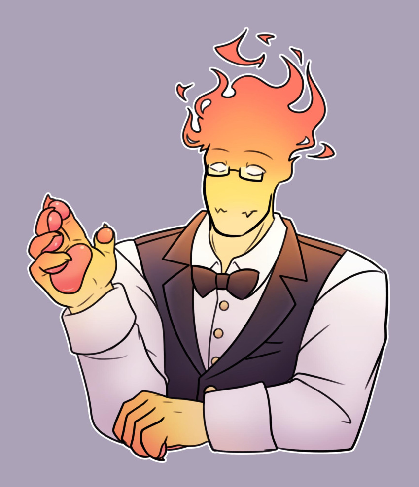 bow_tie claws clothed clothing elemental_creature elemental_humanoid eyewear fire fire_creature fire_humanoid glasses grillby hi_res humanoid male orange_body pawpads redeyedgazer simple_background solo undertale undertale_(series) video_games