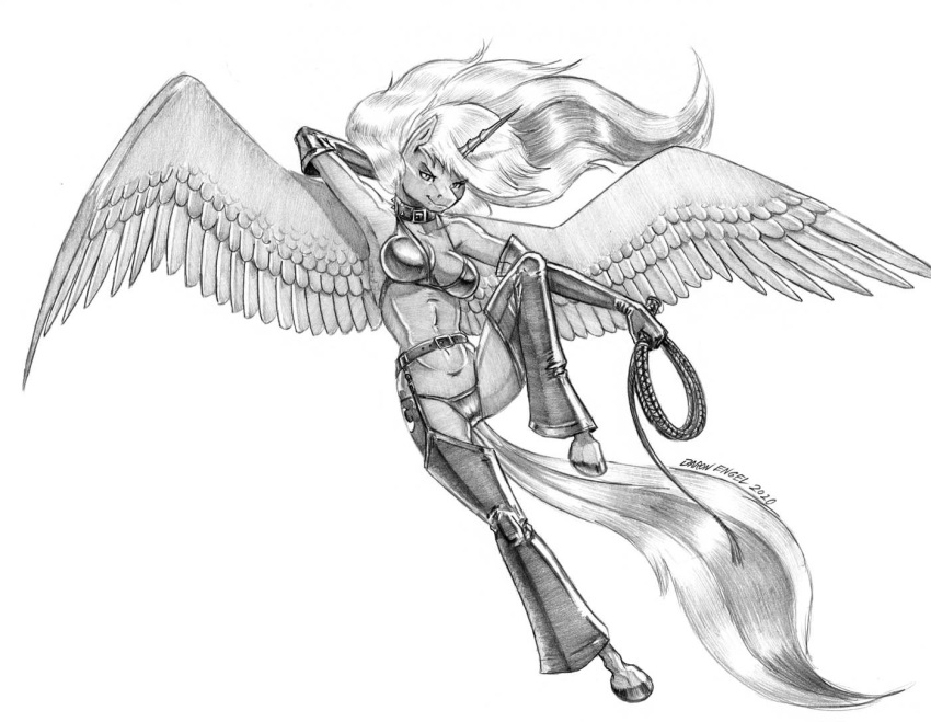 anthro armwear baron_engel bra chaps clothing collar elbow_gloves equid equine female flying friendship_is_magic gloves graphite_(artwork) handwear horn mammal my_little_pony panties pencil_(artwork) princess_luna_(mlp) simple_background skimpy_dress solo spread_wings traditional_media_(artwork) underwear whip white_background winged_unicorn wings