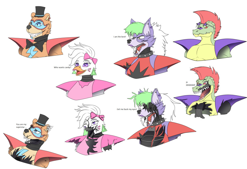 angry_eyes animatronic anthro avian bird canid canine canis chicken crocodile crocodilian crocodylid dialogue female five_nights_at_freddy's five_nights_at_freddy's:_security_breach galliform gallus_(genus) glamrock_chica_(fnaf) glamrock_freddy_(fnaf) group hi_res machine male male/female mammal montgomery_gator_(fnaf) phasianid photolol.03 reptile robot roxanne_wolf_(fnaf) scalie scottgames simple_background text ursid video_games wolf