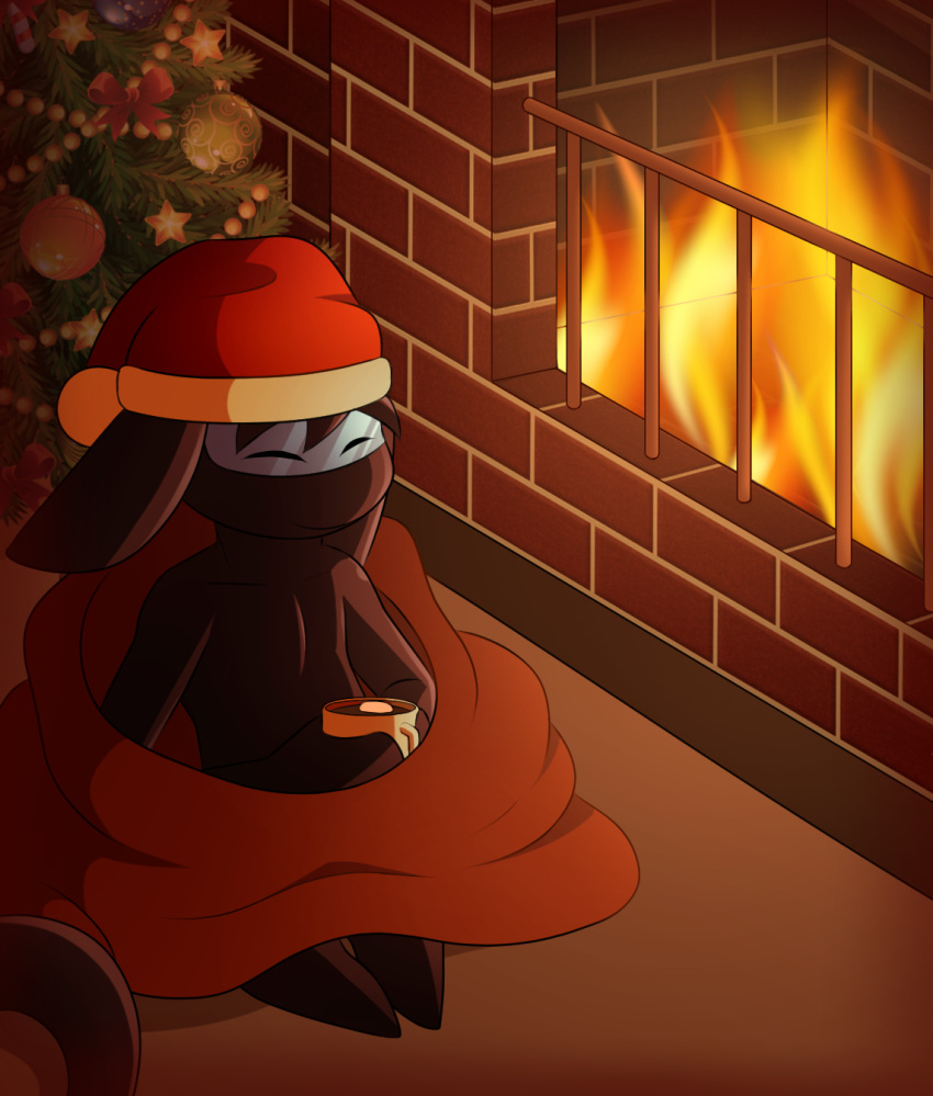 anthro bedding beverage blanket brick_wall candy chocolate christmas christmas_clothing christmas_headwear christmas_tree clothing daww dessert drone eyes_closed fire fire_conejo fireplace food happy hat headgear headwear hi_res holidays hot_chocolate inside male marshmallow mug nelson_(ikefanboy64) plant rubber santa_hat solo tree unknown_species wall_(structure) warm_colors