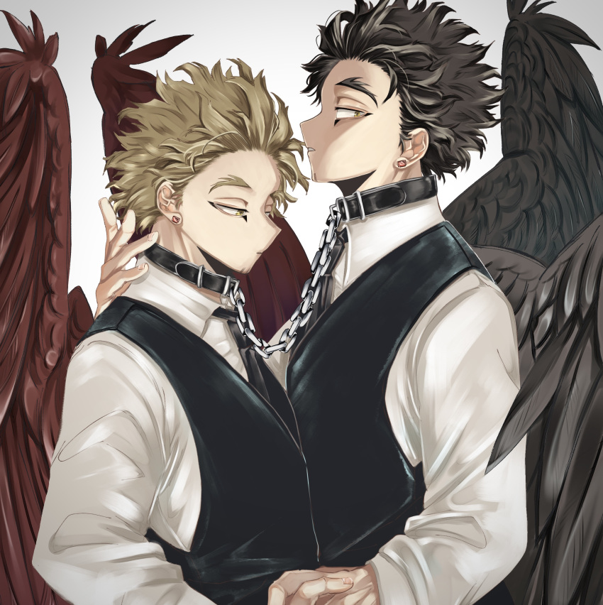 barururunru black_hair black_wings blonde_hair boku_no_hero_academia bound_together chain chained collar earrings eye_contact eyeliner feathered_wings hawks_(boku_no_hero_academia) highres holding_hands jewelry linked_collar looking_afar looking_at_another looking_at_viewer makeup messy_hair necktie red_feathers stud_earrings vest_over_shirt wings