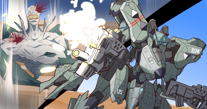 alien beta_(muvluv) blood blue_eyes clenched_teeth commission dual_wielding extra_eyes f-22a_raptor_(muvluv) firing glowing glowing_eyes gun highres holding holding_gun holding_weapon iwashi_sozoro leaning_to_the_side mecha muvluv muvluv_alternative science_fiction skeb_commission tactical_surface_fighter teeth weapon