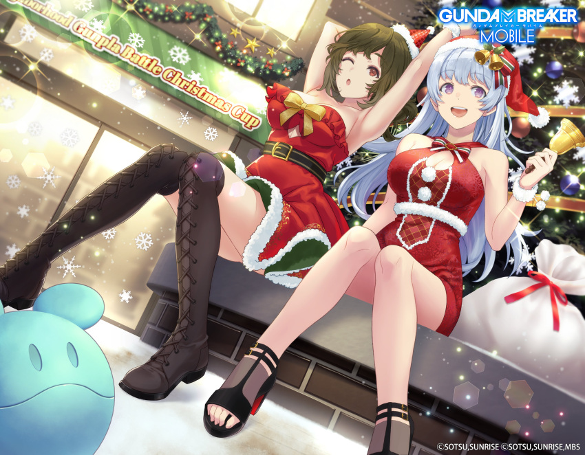 2girls absurdres artist_request bell black_footwear blue_eyes boots breasts brown_eyes brown_footwear brown_hair christmas christmas_ornaments christmas_tree cleavage cleavage_cutout clothing_cutout copyright copyright_name cross-laced_footwear english_text garland_(decoration) gundam gundam_breaker_mobile haro highres knee_boots kotomori_ran lace-up_boots mature_female mochizuki_nao_(gundam_breaker_mobile) mole mole_under_eye mole_under_mouth multiple_girls official_art open_mouth promotional_art purple_eyes sack sandals snow snowflakes sparkle star_(symbol) thighs toenails toes