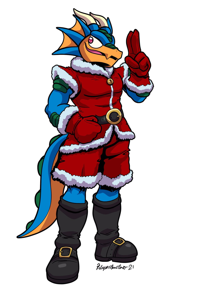 5_fingers anthro black_boots black_clothing black_footwear blue_body blue_scales boots christmas christmas_clothing clothing costume dragon fingers footwear gloves handwear hi_res holidays horn male orange_body orange_scales pink_eyes red_clothing red_gloves red_handwear reptile rocky_(yuski) santa_costume scales scalie simple_background solo white_background wingless_dragon xdragoon yuski