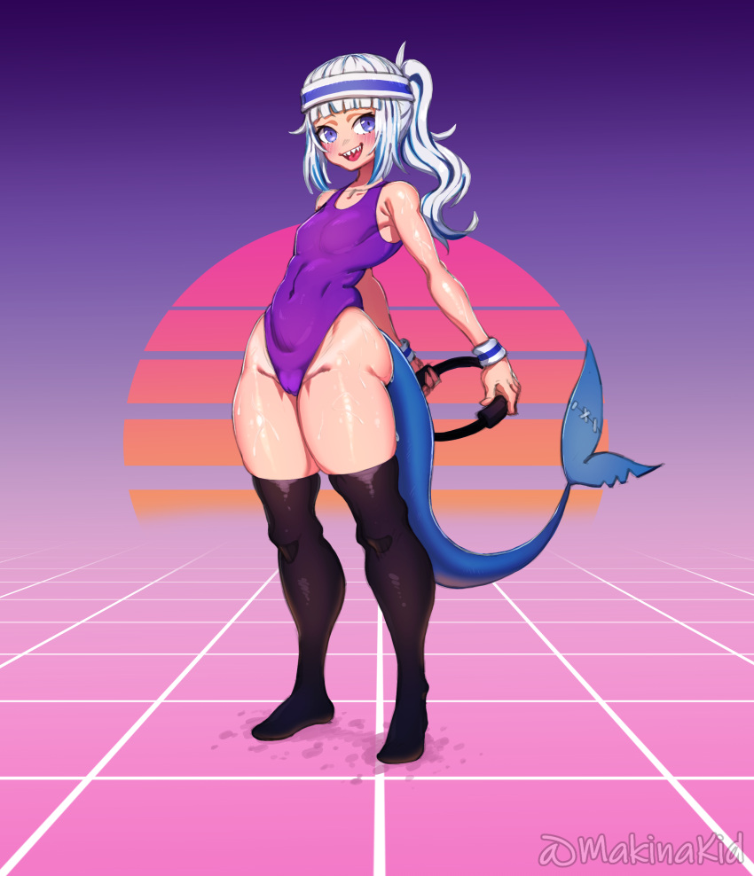 80's_theme absurd_res accessory animal_humanoid blue_eyes bodily_fluids camel_toe clothing female fish fish_humanoid gawr_gura gym_clothing hair headband hi_res hololive hololive_en humanoid legwear leotard looking_at_viewer makinakid mammal marine marine_humanoid nintendo one-piece_swimsuit ring_fit_adventure shark_humanoid smile solo sweat sweatband swimwear thick_thighs thigh_highs video_games virtual_youtuber white_hair