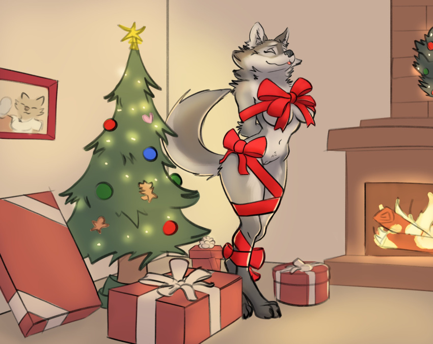 2021 anthro biped blep breasts canid canine canis christmas christmas_tree claws cleft_of_venus digital_media_(artwork) digitigrade eyes_closed female fireplace fur genitals gift gift_wrapped grey_body grey_fur hi_res holidays inside mammal multicolored_body multicolored_fur plant pussy schmutzo solo toe_claws tongue tongue_out tree two_tone_body two_tone_fur under_boob wolf