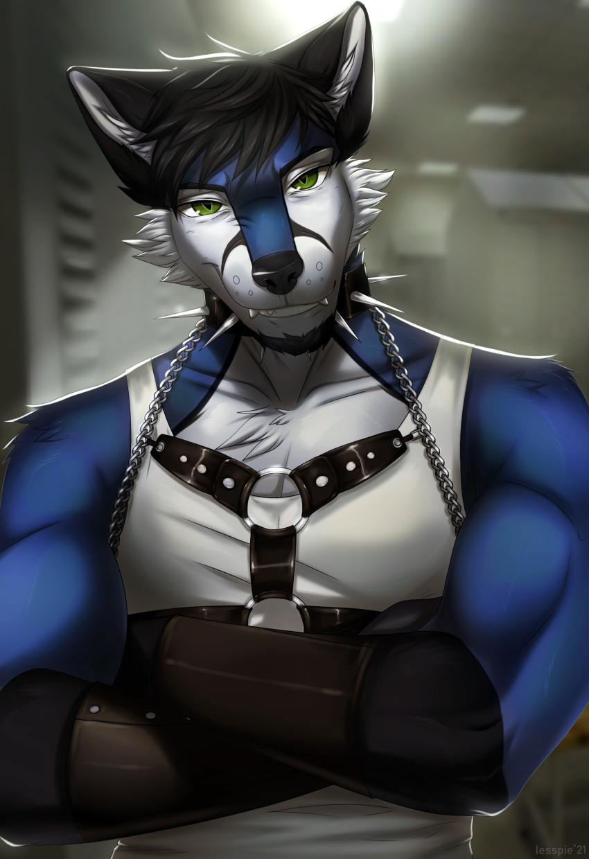 2021 absurd_res anthro black_hair black_nose blue_body blue_fur canid canine clothed clothing collar digital_media_(artwork) fox fur green_eyes hair hi_res lesspie looking_at_viewer male mammal smile solo