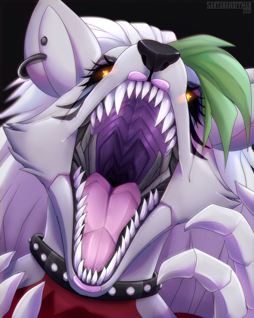 2021 absurd_res animatronic anthro canid canine canis clothing collar ear_piercing female fingers five_nights_at_freddy's five_nights_at_freddy's:_security_breach green_hair hair hi_res imminent_vore jaws lipstick machine makeup mammal mouth_shot open_mouth piercing robot roxanne_wolf_(fnaf) santanahoffman scott_cawthon scottgames solo steel_wool_studios teeth throat tongue video_games vore wolf