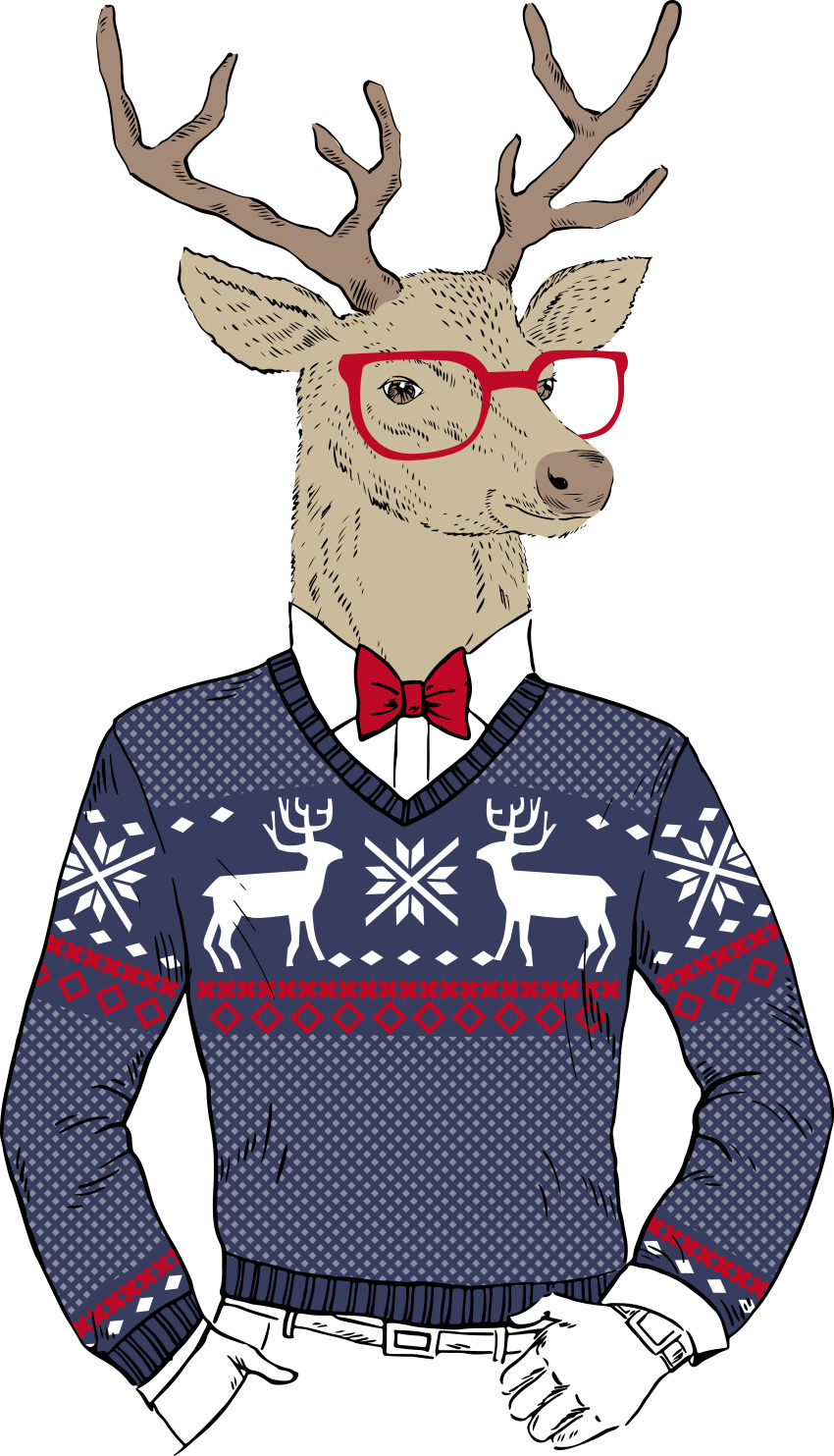 absurd_res alpha_channel anthro antlers bow_tie capreoline cervid clothing eyewear fur glasses hi_res horn male mammal olga_angelloz reindeer simple_background solo sweater topwear transparent_background