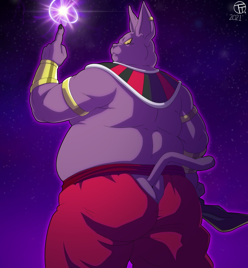 alien anthro belly butt champa domestic_cat dragon_ball dragon_ball_super ear_piercing ear_ring energy_ball felid feline felis gold_(metal) gold_jewelry hi_res jewelry looking_back male mammal overweight piercing purple_body rear_view solo trashtoonz