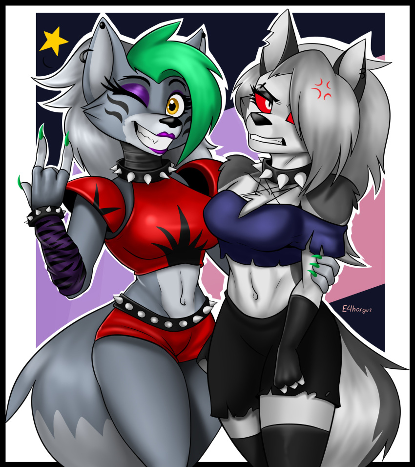 2021 absurd_res animatronic annoyed anthro arm_warmers armwear belt bottomwear breasts canid canid_demon canine canis chest_tuft choker clothing collar colored_nails crop_top cross-popping_vein crossover demon duo ear_piercing eyelashes eyeshadow facial_markings fangs female fingerless_gloves five_nights_at_freddy's five_nights_at_freddy's:_security_breach fur gloves green_hair green_nails grey_body grey_fur growling hair handwear head_markings hellhound helluva_boss hi_res holding_close hotpants jewelry leggings legwear lipstick loona_(helluva_boss) machine makeup mammal markings midriff nails necklace notched_ear obstructed_eyes one_eye_closed piercing rakoongrey red_eyes robot roxanne_wolf_(fnaf) scottgames shirt shorts skirt smile spiked_belt spiked_collar spikes star thigh_highs topwear tuft video_games white_hair wide_hips wink wolf