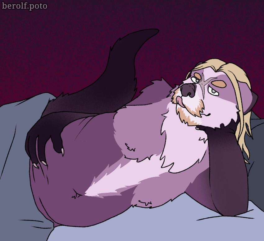 anthro beard bed belly berolf.poto big_belly blonde_hair claws facial_hair fur furniture grey_eyes hair hi_res linus_bechtholdt long_hair looking_at_viewer lutrine male mammal moobs musclegut mustache mustelid navel nipples overweight paws pecs purple_body purple_fur scar sea_otter smile smirk solo text thick_tail