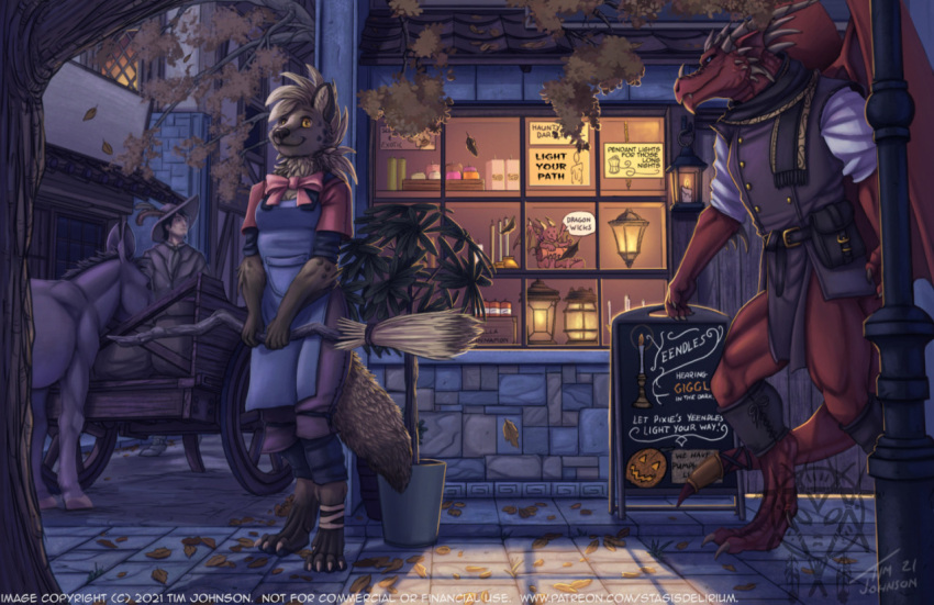 anthro broom city cleaning_tool clothed clothing dragon english_text equid equine evening female feral group horse human hyaenid male mammal outside stasis_delirium storefront street text