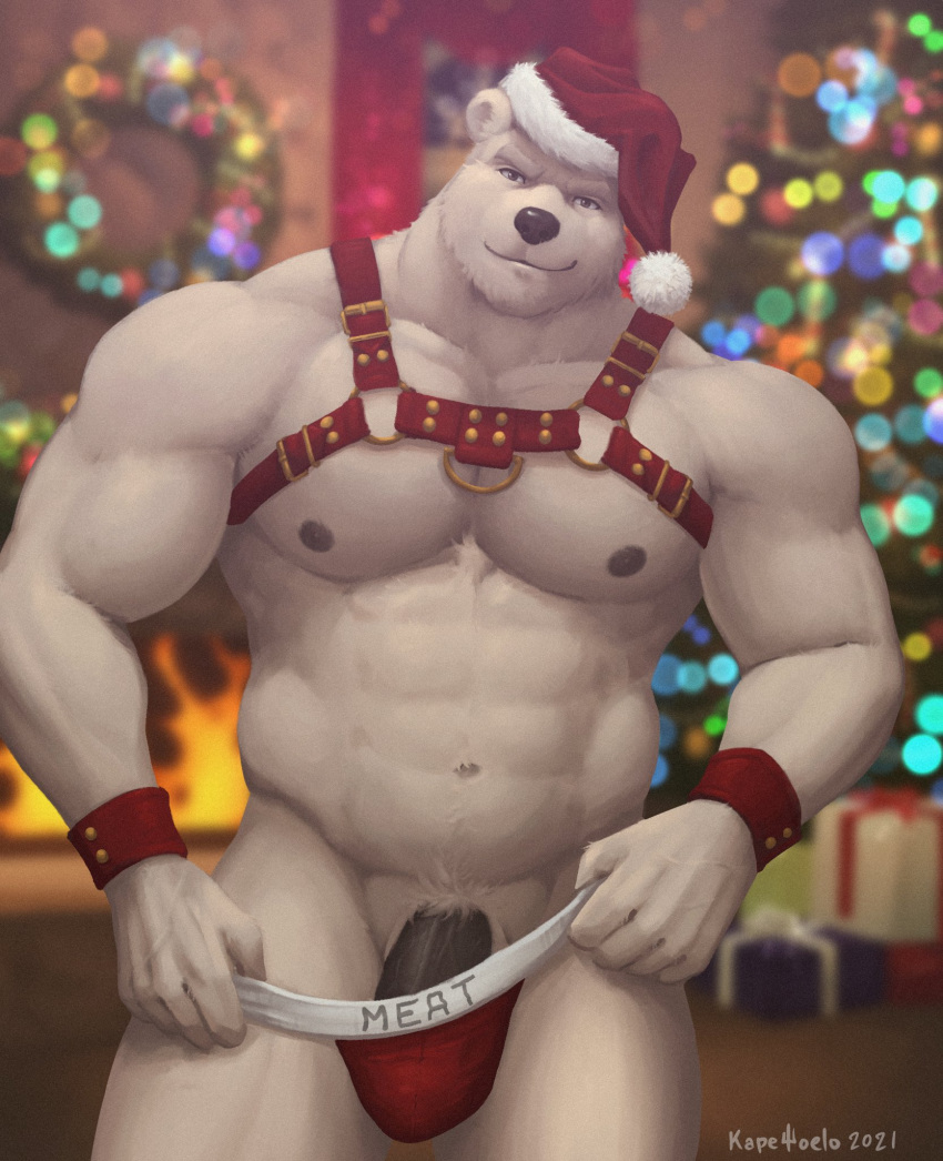 abs anthro black_nose clothing fur genitals hat headgear headwear hi_res kapetoelo looking_at_viewer male mammal muscular nipples penis polar_bear smile underwear ursid ursine white_body white_fur