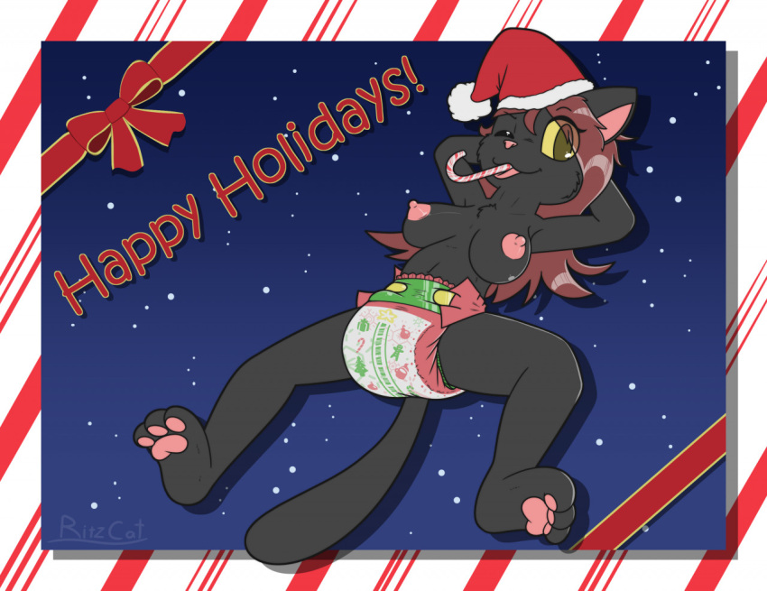 amber_(ritzcat) anthro breasts candy candy_cane candy_cane_in_mouth christmas dessert diaper english_text felid feline female food holidays mammal nipples padded padding ritzcat solo text wetness_indicator