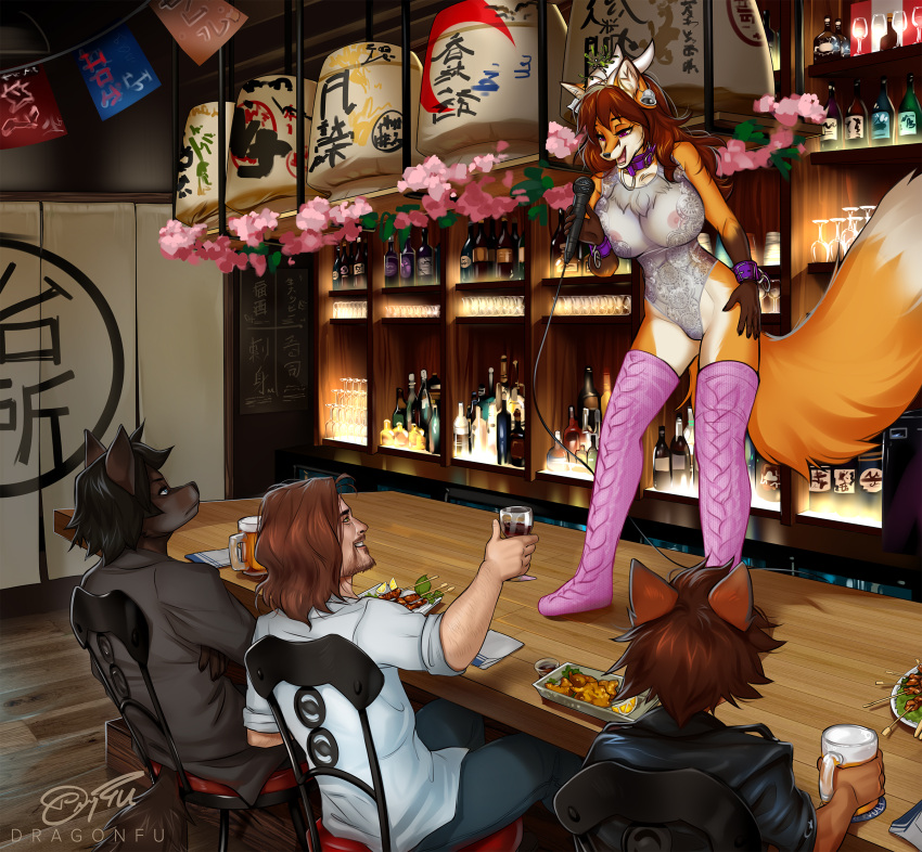 2021 alcohol anthro bar bell bell_earrings beverage big_breasts black_hair boots bottomwear breasts brown_body brown_fur brown_hair canid canine canis christmas clothing collar coyote cuff_(restraint) digital_media_(artwork) dragonfu female footwear fox fur group hair hi_res holidays holly_(plant) horn human hybrid inside izakaya_restaurant legwear leotard male mammal microphone nipples orange_body orange_fur plant raven_(ricochetcoyote) red_hair restaurant restraints ricochetcoyote shackles shirt singing sitting standing stockings tamara_fox topwear translucent translucent_clothing translucent_leotard wolf