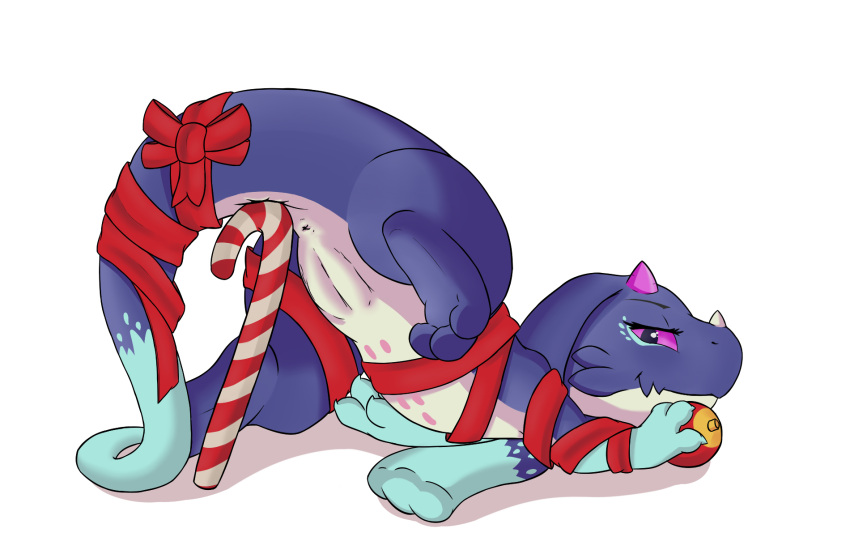 anthro anus ass_up azl_l blue_body blue_fur blue_hands blue_legs blue_tail bow butt candy christmas christmas_clothing clothing dessert dragon dragon_pussy earth_wyrm feet feirune female feral floppy_ears food fur genitals gloves_(marking) half-closed_eyes hi_res holidays horn looking_at_another looking_at_partner looking_back lying markings narrowed_eyes nude pet purple_eues purple_horn pussy raised_tail scarf simple_background smile so_i'm_a_spider_so_what? solo spread_legs spreading tapering_tail toes white_background