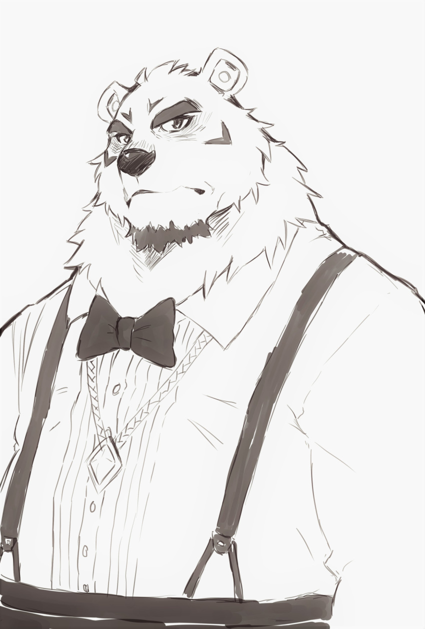 absurd_res anthro beard borealis_(live-a-hero) bow_tie bust_portrait clothing eyebrows facial_hair heylaw21 hi_res lifewonders live-a-hero male mammal polar_bear portrait solo suspenders thick_eyebrows topwear ursid ursine vest video_games