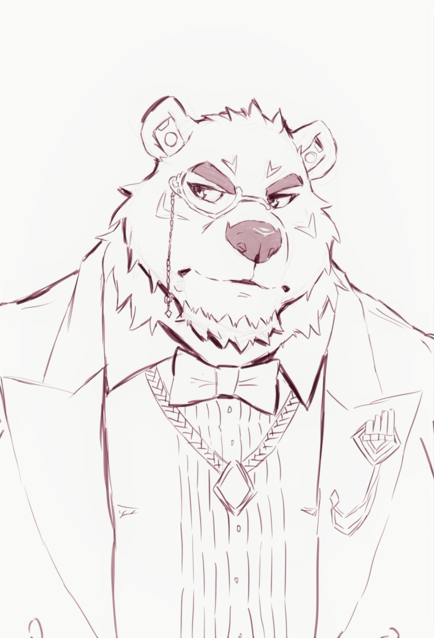 absurd_res anthro beard borealis_(live-a-hero) bow_tie bust_portrait clothing eyewear facial_hair frown heylaw21 hi_res lifewonders live-a-hero male mammal monocle polar_bear portrait sketch solo suit ursid ursine video_games