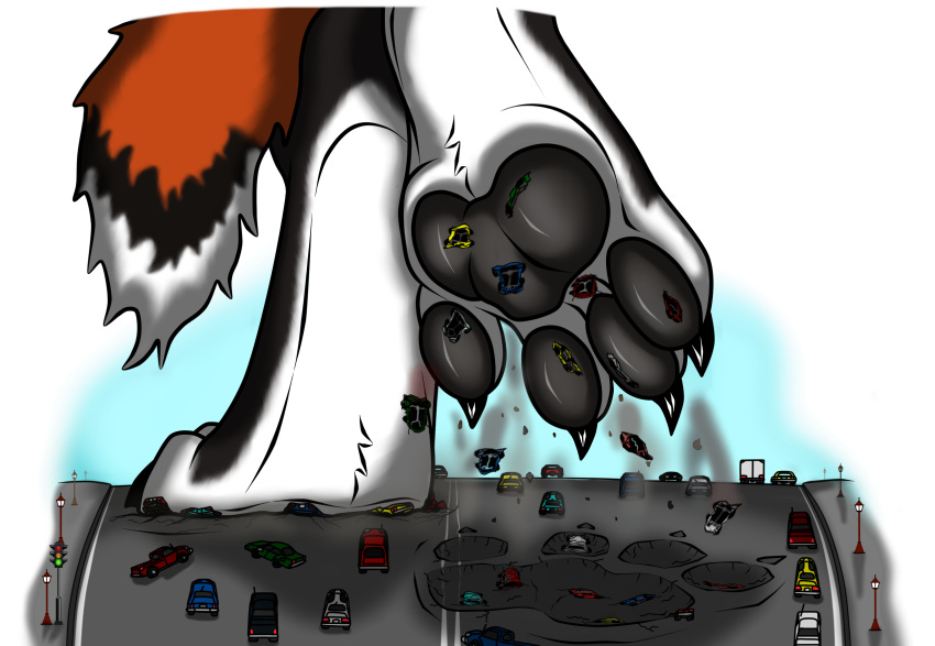 &gt;:3 4_toes ambiguous_gender anthro barefoot black_body black_claws black_pawpads canid canine car city claws cramped crush destruction dirt erickredfox faceless_ambiguous faceless_character feet flattened foot_fetish foot_focus footprint fox fur fur_markings hi_res hindpaw imminent_death larger_anthro lying macro male mammal markings micro on_front on_one_leg pawpads pawprint paws raised_foot raised_paw rampage red_fox red_tail redrick_(erickredfox) road size_difference solo standing stepped_on stepping stomping street stuck_to_foot toes traffic traffic_light trampling underfoot underpaw vehicle walking white_body