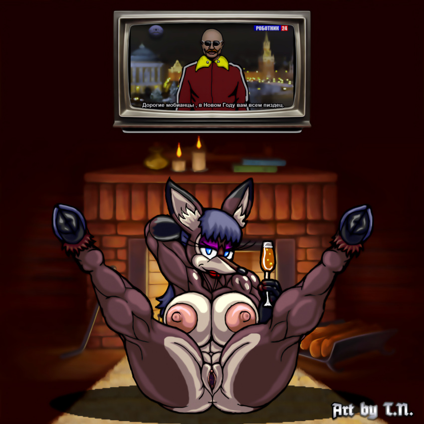 abs alcohol anthro beverage big_breasts big_butt black_body black_fur blue_eyes bns_arts book breasts brown_body brown_fur butt candle cervid cervine champagne christmas countershade_butt countershade_face countershade_legs countershade_torso countershading dr._eggman eyeshadow fan_character female fireplace fur genitals hand_behind_head hi_res holidays hooves inner_ear_fluff legs_up lips looking_at_viewer makeup mammal markings muscular muscular_anthro muscular_female new_year nipples pink_nipples presenting presenting_pussy pussy raised_hand red_lips russian_text sainara_the_deer sega smile smiling_at_viewer solo sonic_the_hedgehog_(series) spots spotted_body spotted_fur spotted_markings spread_legs spreading t.n. tan_body tan_fur television text thick_thighs tuft