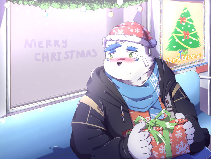 2021 anthro blush christmas christmas_clothing christmas_headwear christmas_tree clothing felid fur gift hat headgear headwear hi_res holidays hoodie humanoid_hands kemono male mammal noichi_53 overweight overweight_male plant santa_hat scarf sitting solo topwear tree white_body white_fur