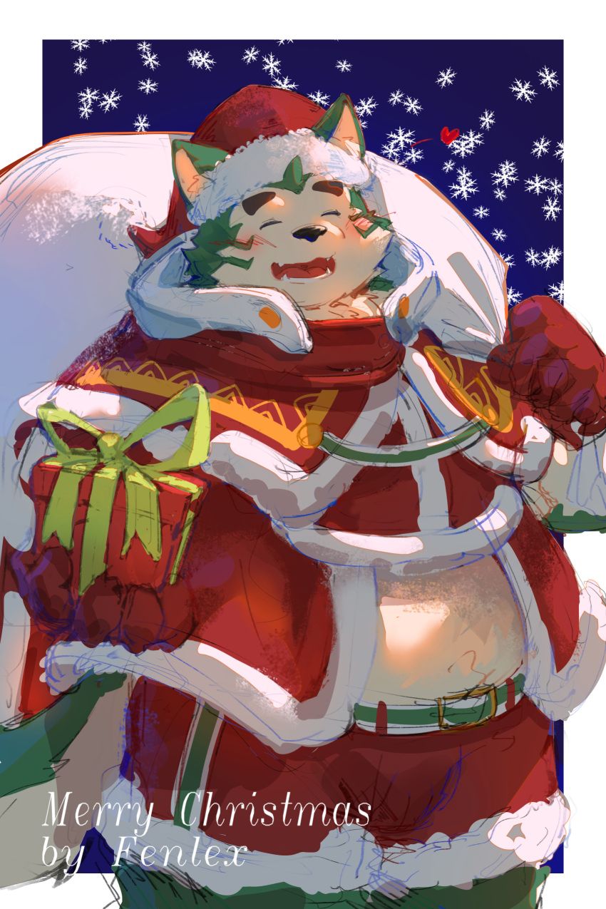 2021 absurd_res anthro belly black_nose blush bottomwear canid canine canis christmas christmas_clothing christmas_headwear clothing domestic_dog eyes_closed fenrir_shino gift green_body hat headgear headwear hi_res holidays humanoid_hands kemono lifewonders live-a-hero male mammal mokdai overweight overweight_male santa_hat shorts snow snowing solo video_games