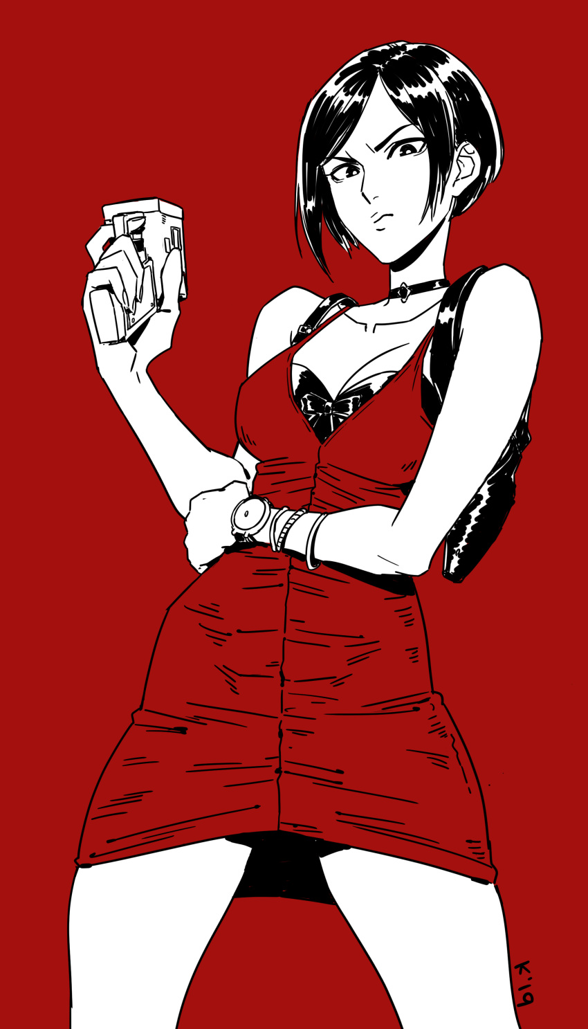 1girl absurdres ada_wong angry black_hair breasts choker dress gun highres looking_at_viewer mariel_cartwright monochrome pantyhose red_background red_dress resident_evil resident_evil_2 short_hair solo weapon