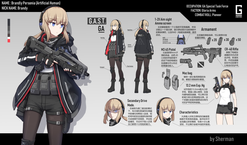1girl absurdres assault_rifle bandanna blonde_hair blue_eyes boots bullpup character_sheet chinese_commentary chinese_text commentary_request english_text fingerless_gloves gloves gradient gradient_background gun handgun headphones highres holding holding_gun holding_weapon hood hoodie load_bearing_equipment long_hair original pantyhose pistol ponytail rifle science_fiction sherman_(egnk2525) short_shorts shorts translation_request weapon