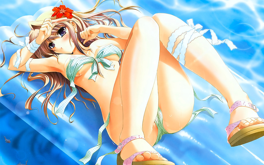 1girl arched_back bare_shoulders bikini blush breasts brown_hair cameltoe cleavage erect_nipples feet female flower highres midriff pool sandals small_breasts solo swimming_pool swimsuit wallpaper