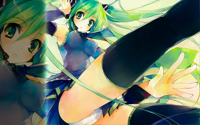 artist_request breasts cameltoe erect_nipples green_eyes green_hair hatsune_miku highres open_mouth panties striped striped_panties underwear vocaloid wallpaper