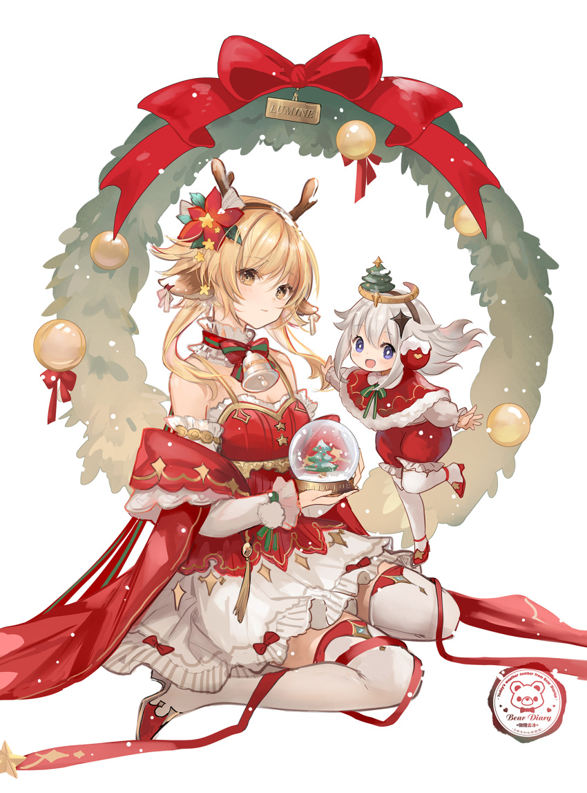 2girls antlers bare_shoulders bell blonde_hair blue_eyes blush choker christmas_ornaments christmas_tree closed_mouth commentary dress earmuffs flower genshin_impact hair_flower hair_ornament highres issign looking_at_viewer lumine_(genshin_impact) multiple_girls neck_bell open_mouth paimon_(genshin_impact) red_ribbon ribbon seiza short_hair simple_background sitting snow_globe white_background white_dress white_hair wreath yellow_eyes