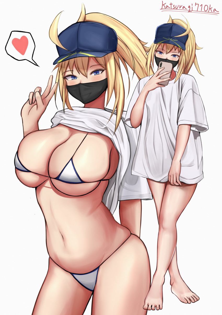 1girl absurdres artoria_pendragon_(fate) bikini blonde_hair blue_eyes blush breasts cellphone cleavage clothes_lift commentary_request fate/grand_order fate_(series) hat heart highres katsuragi_nantoka loose_clothes loose_shirt mask mouth_mask mysterious_heroine_xx_(fate) phone ponytail selfie shirt shirt_lift smartphone spoken_heart swimsuit thighs v white_background white_shirt