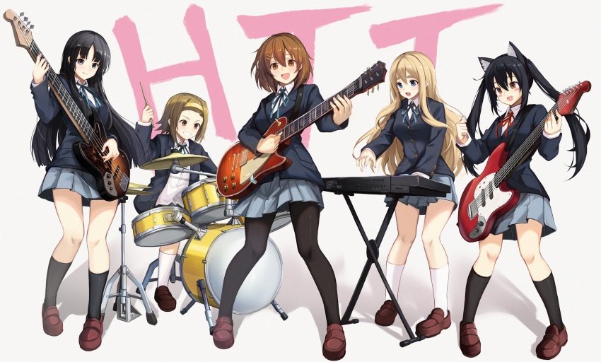 5girls akiyama_mio animal_ears band bangs black_hair black_legwear blonde_hair breasts brown_hair cat_ears coat drum fake_animal_ears guitar hair_between_eyes hairband highres hirasawa_yui instrument k-on! kotobuki_tsumugi kyuu_(chiu850513) long_hair multiple_girls music nakano_azusa pantyhose piano_keys playing_instrument ribbon school_uniform short_hair simple_background skirt tainaka_ritsu thighhighs twintails uniform white_background white_legwear