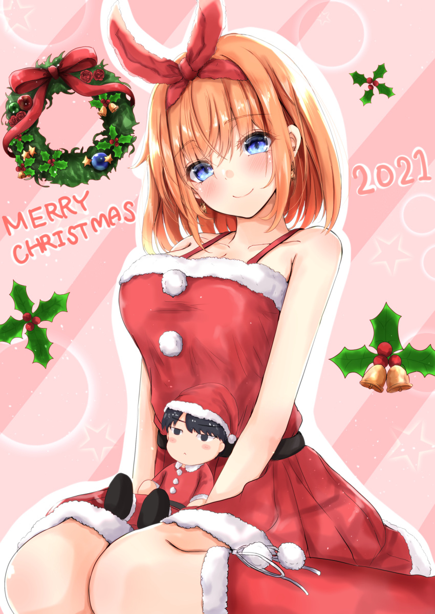 1girl ayachanman bangs blue_eyes boots breasts character_doll christmas cleavage closed_mouth commentary_request diagonal_stripes dress eyebrows_visible_through_hair fur-trimmed_boots fur-trimmed_dress fur_trim go-toubun_no_hanayome hair_between_eyes hair_ribbon head_tilt highres knee_boots medium_breasts merry_christmas nakano_yotsuba orange_hair outline pink_background pleated_dress red_dress red_footwear red_ribbon ribbon santa_costume sleeveless sleeveless_dress smile solo striped striped_background uesugi_fuutarou white_outline