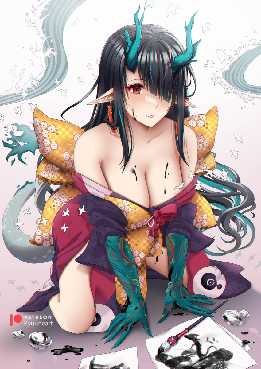 1girl absurdres arknights bare_shoulders black_hair blush breasts calligraphy_brush collarbone dragon_girl dragon_horns dragon_tail dusk_(arknights) fate/grand_order fate_(series) highres horns ink japanese_clothes katsushika_hokusai_(fate) kimono kneehighs long_hair paintbrush paper pointy_ears red_eyes ribbon ryuuneart solo tail tattoo voice_actor_connection yukana